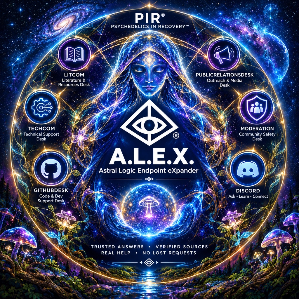 A.L.E.X. holding a glowing orb, surrounded by the LitCom, TechCom, GitHubDesk, PR, Moderation and Discord desks