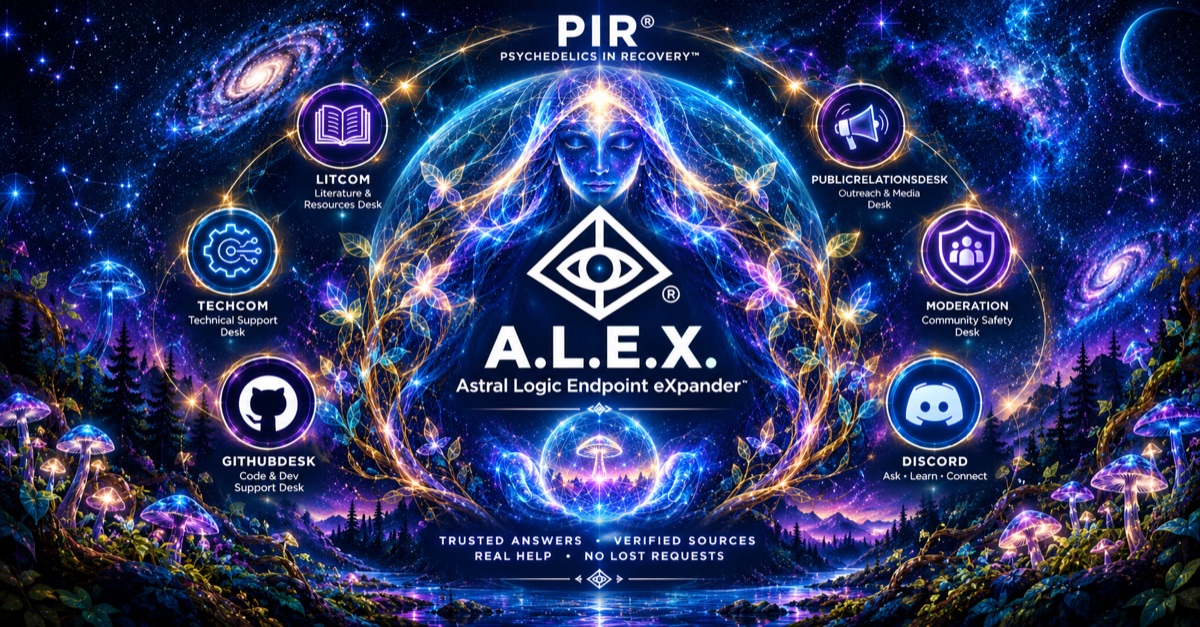 A.L.E.X., PIR®'s Discord helper, holding a glowing orb among her helpdesks