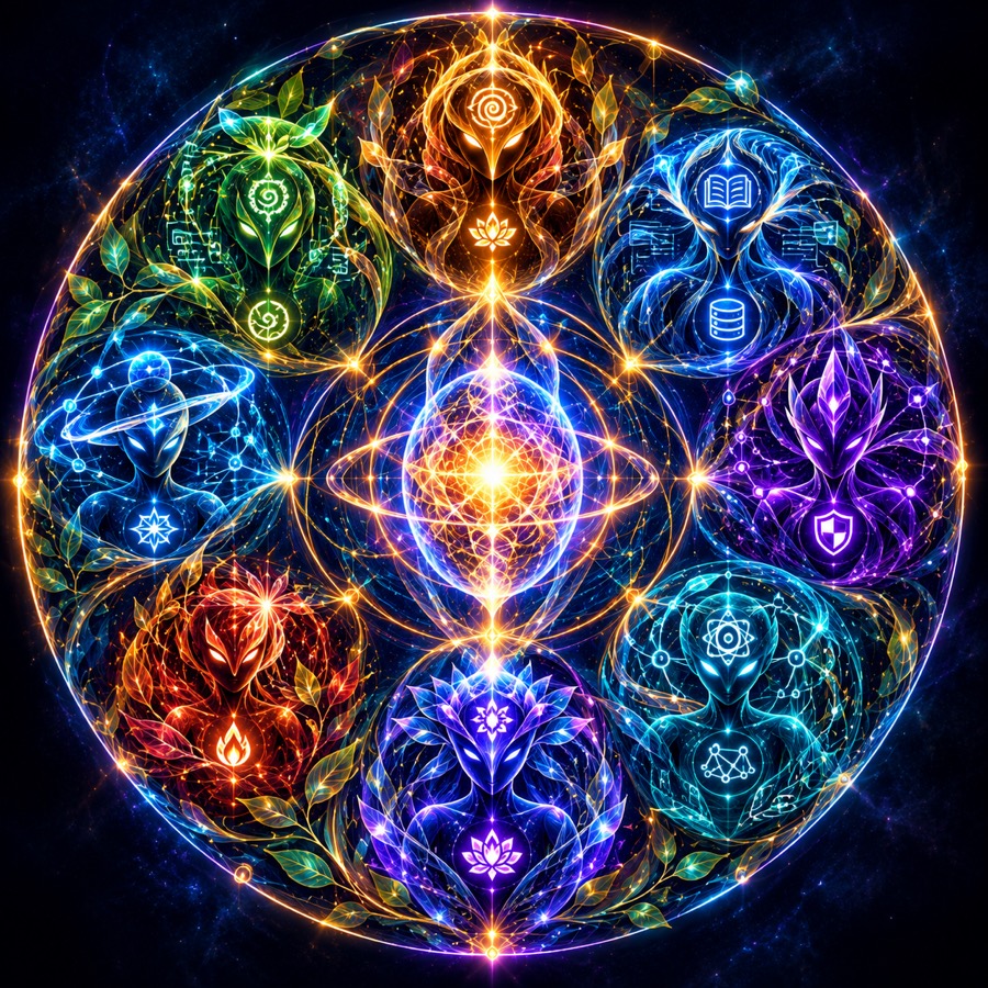 A circular mandala of eight glowing guardians around a bright core
