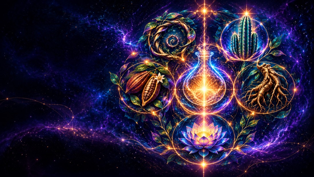 A botanical mandala of vine, cactus and pod in deep space