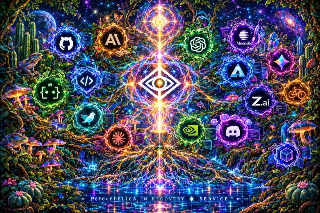 A neon temple in a cosmic forest