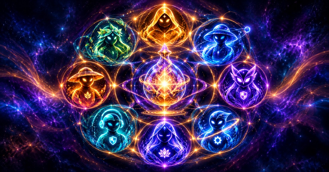 Guardian spirits arranged around a radiant center