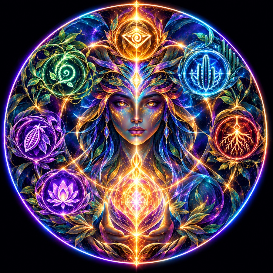 A luminous priestess at the center of a mandala of plant spirits